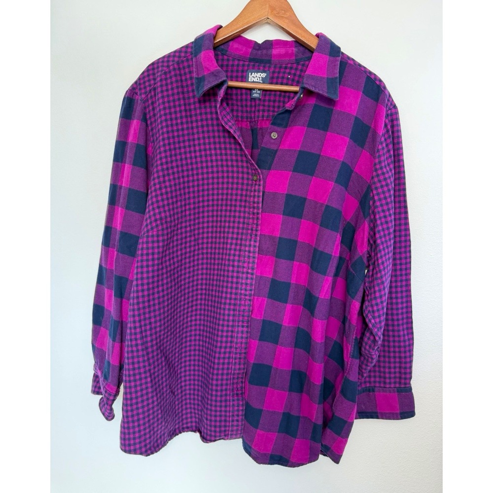 Lands' End Plus Size 3X Purple Pink Navy Plaid Flannel Button-Up Shirt